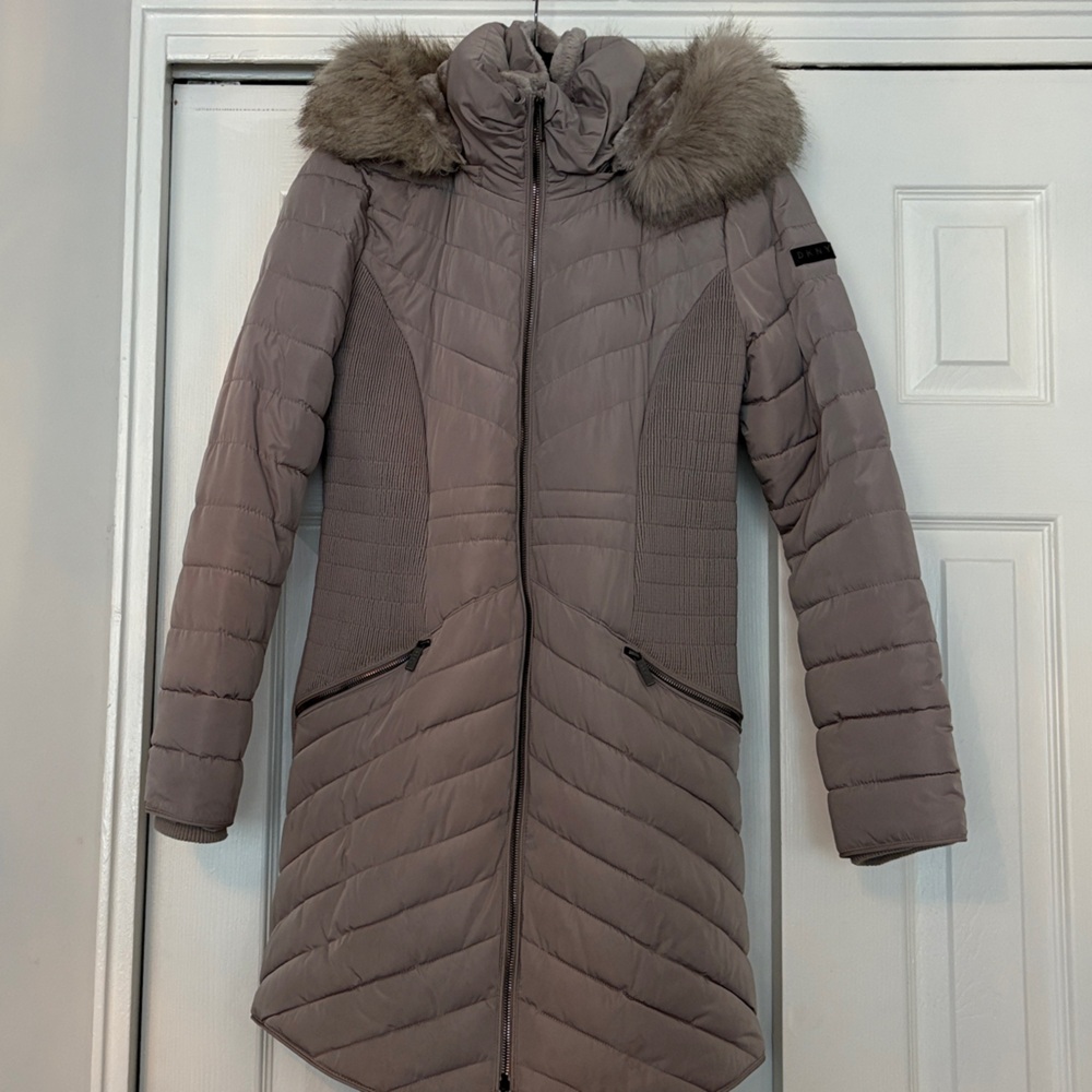 DKNY Gray Puffer Jacket with Faux Fur Hood